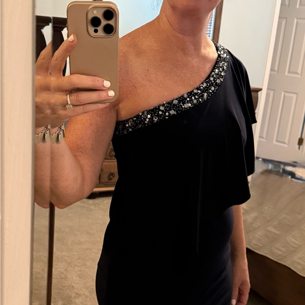 One shoulder Cocktail style dress.  Navy Blue
